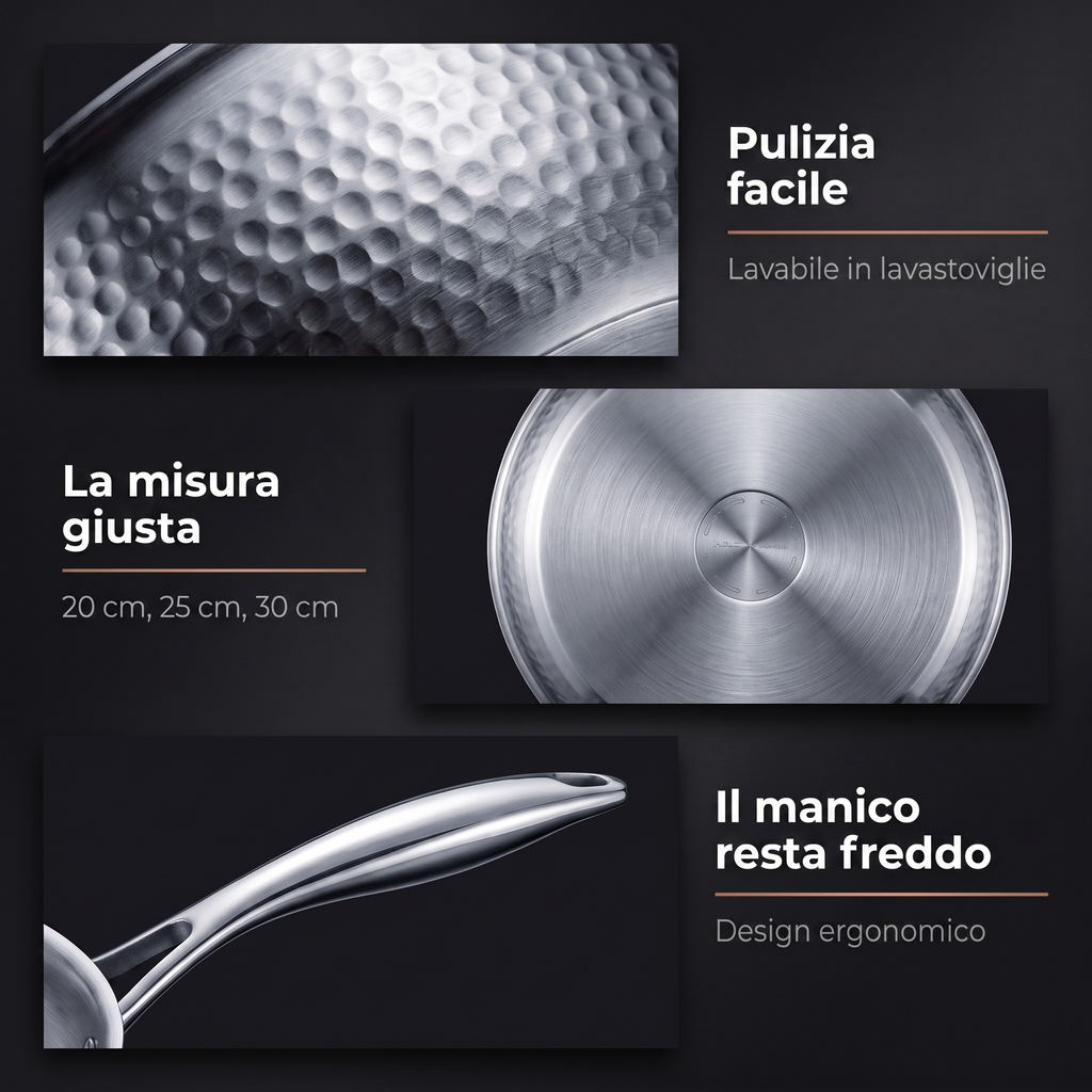 Pulizia facile, misure 20-25-30 cm, manico ergonomico che resta freddo