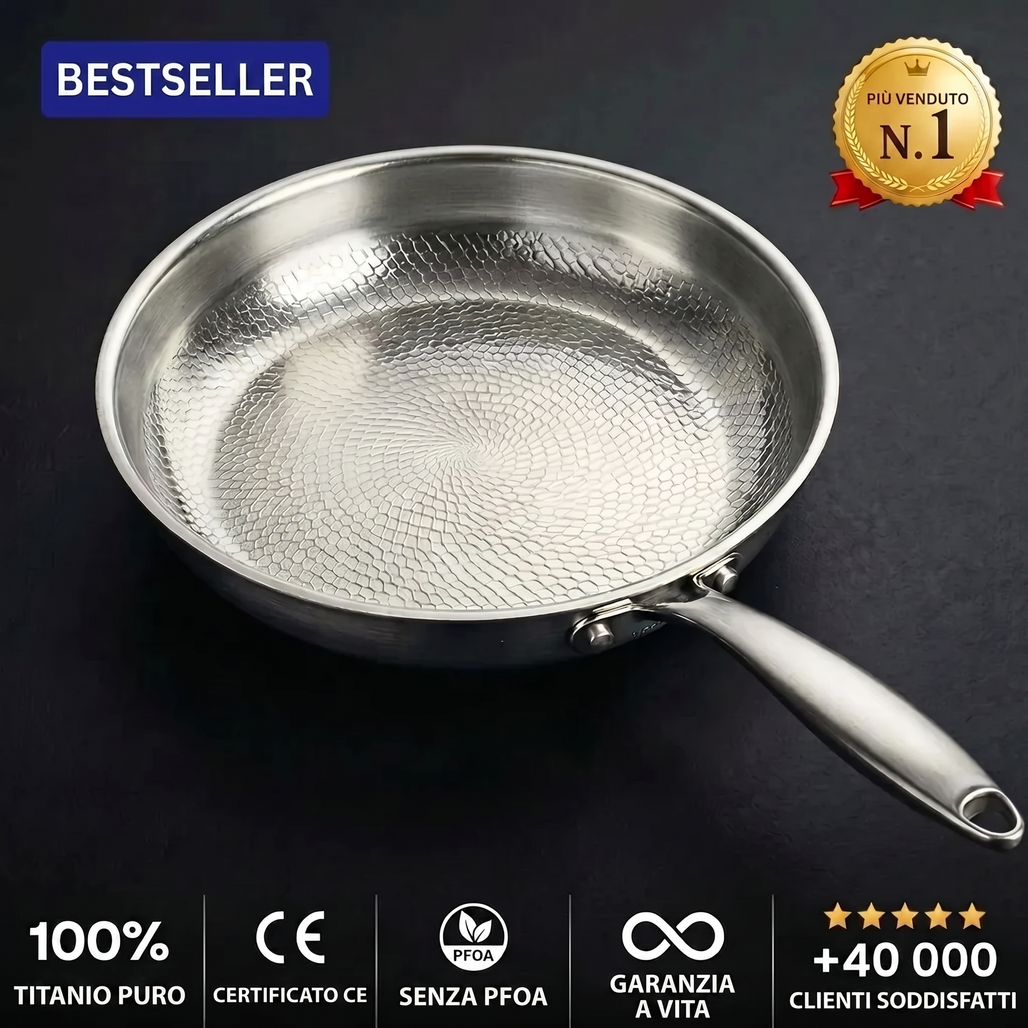 Padella in titanio martellata a mano – bestseller n.1, 100% titanio puro, garanzia a vita