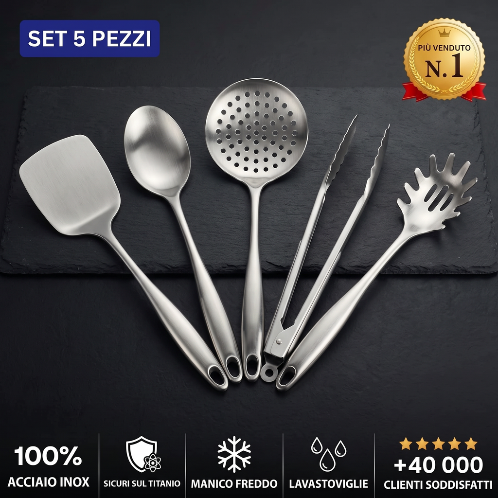Kit di 5 utensili in acciaio inox sicuri sul titanio, manico freddo, lavastoviglie