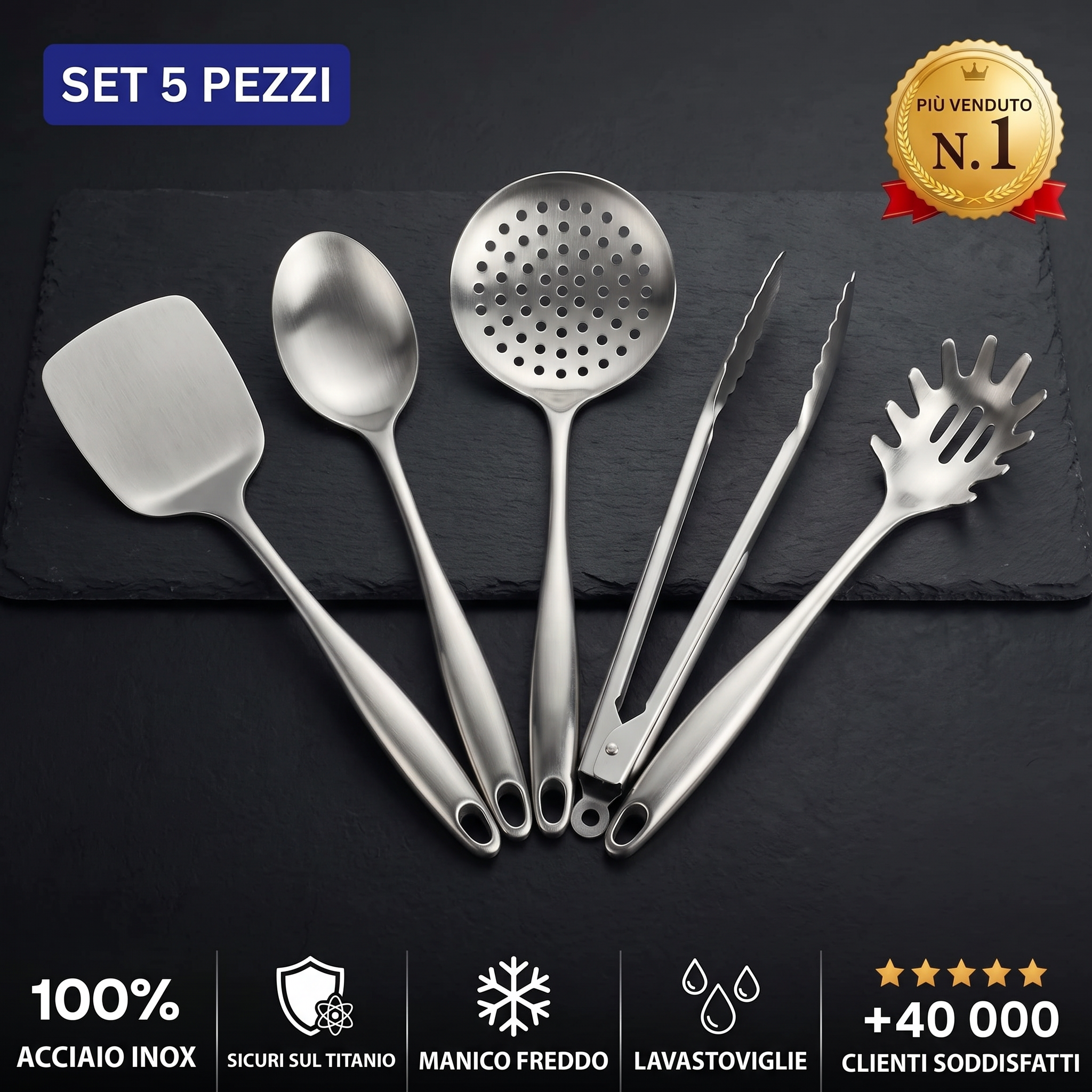 Kit di 5 utensili in acciaio inox sicuri sul titanio, manico freddo, lavastoviglie