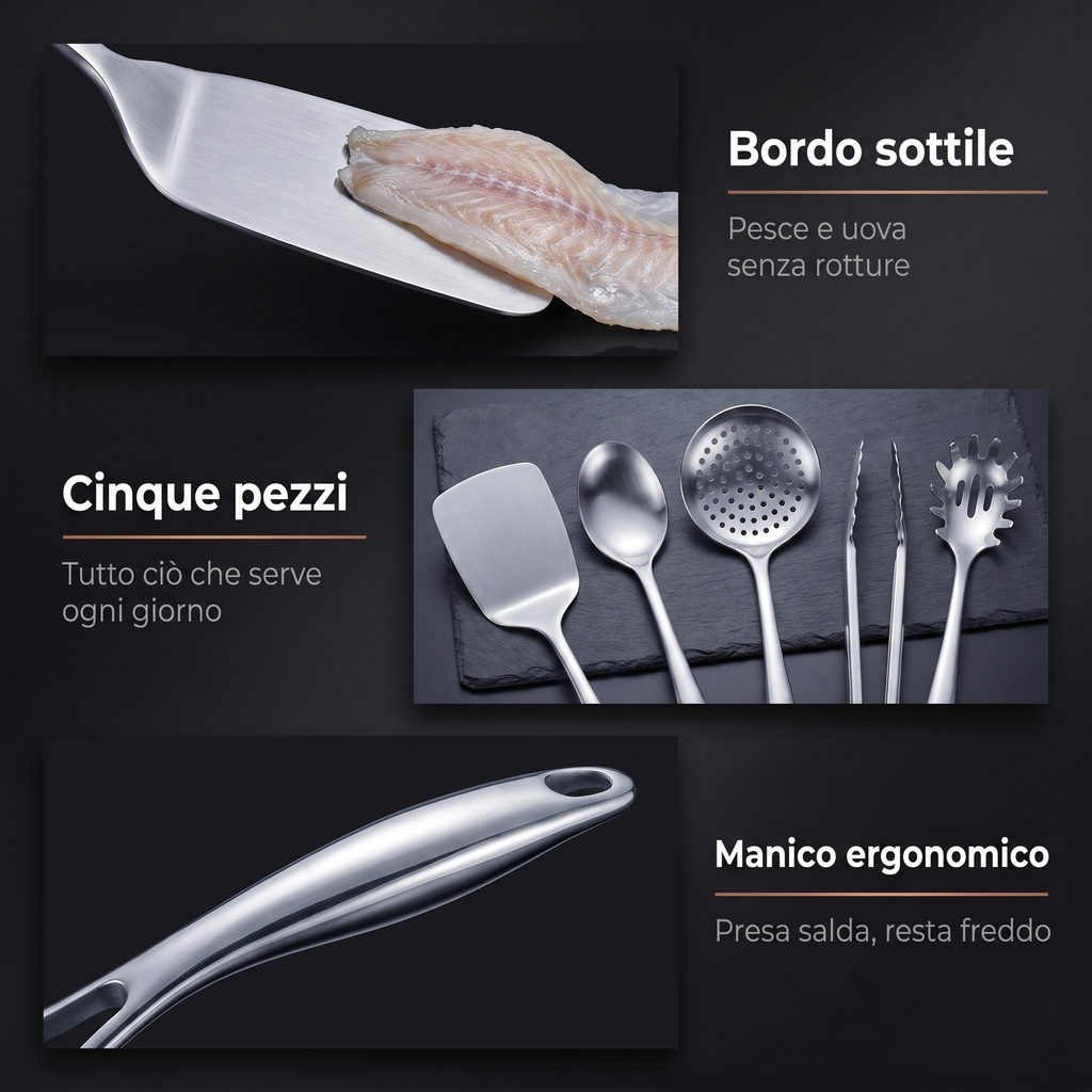 Bordo sottile, cinque pezzi e manico ergonomico che resta freddo