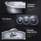 Chiusura perfetta, tre misure 20-25-30 cm e pomello ergonomico con sfiato