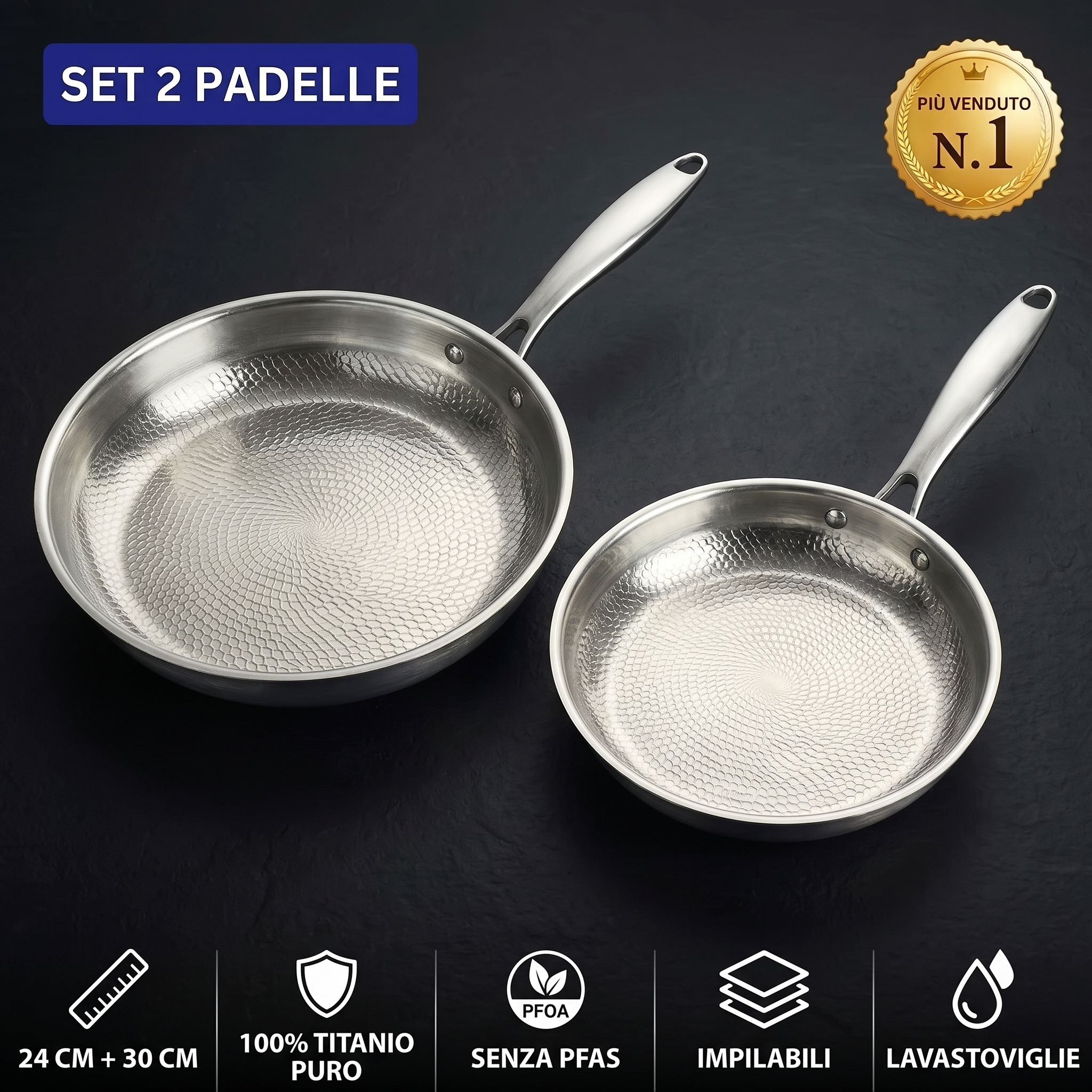 Set di 2 padelle in titanio martellato da 24 e 30 cm, impilabili