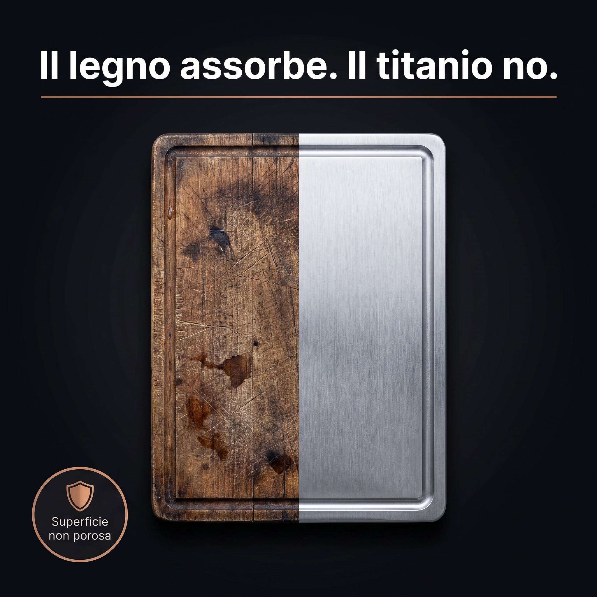 Confronto tra tagliere in legno macchiato e tagliere in titanio non poroso