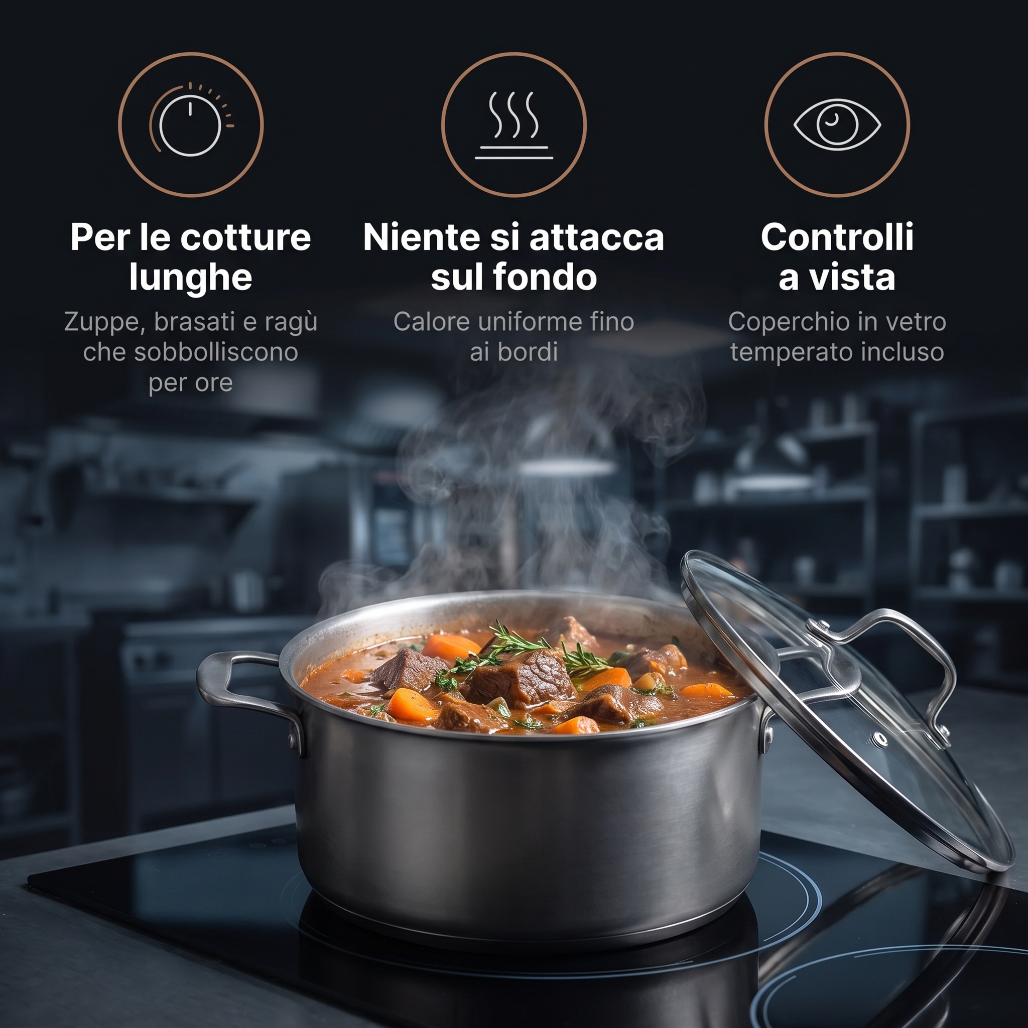 Brasato che sobbolle nella pentola in titanio con coperchio in vetro