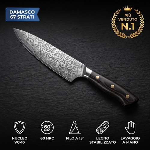 Coltello da chef damascato 20 cm con nucleo VG-10 e manico in legno stabilizzato