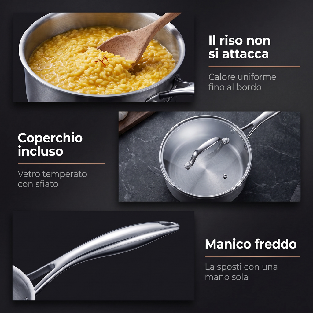 Il riso non si attacca, coperchio incluso e manico che resta freddo