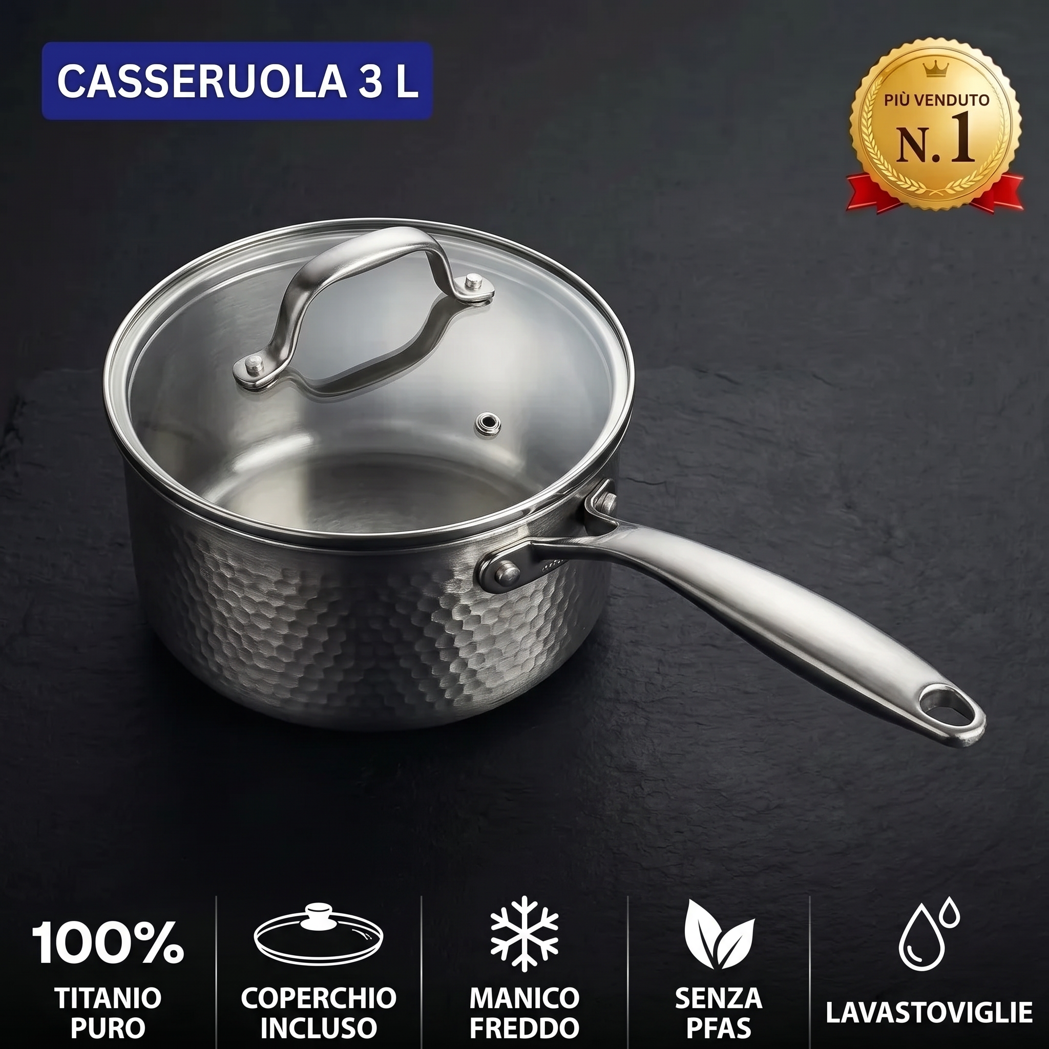 Casseruola in titanio 20 cm da 3 litri con coperchio in vetro e manico freddo