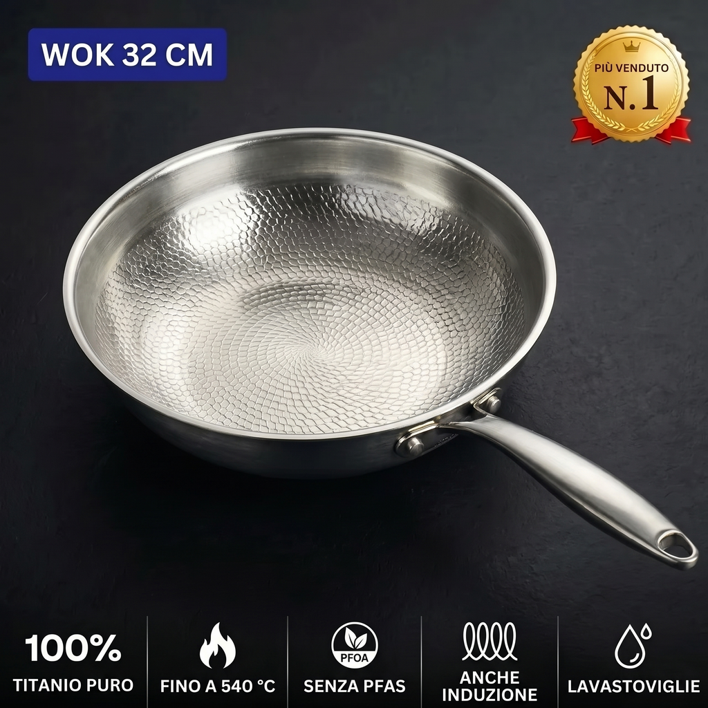 Wok in titanio martellato 32 cm, senza PFAS, stabile fino a 540 °C