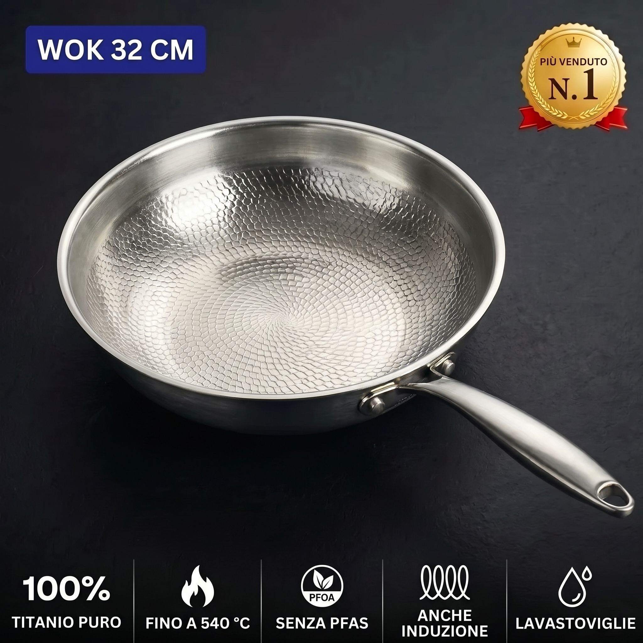 Wok in titanio martellato 32 cm, senza PFAS, stabile fino a 540 °C