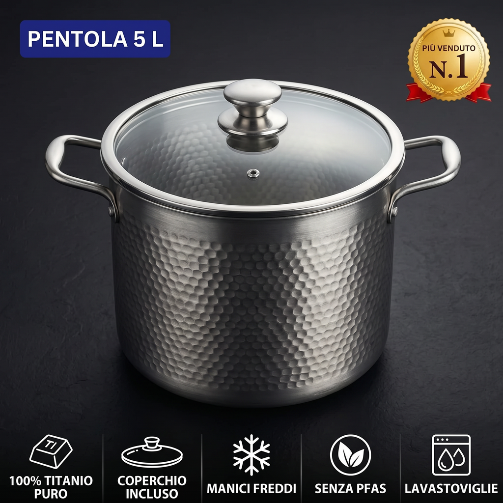 Pentola in titanio 24 cm da 5 litri con coperchio in vetro e manici freddi