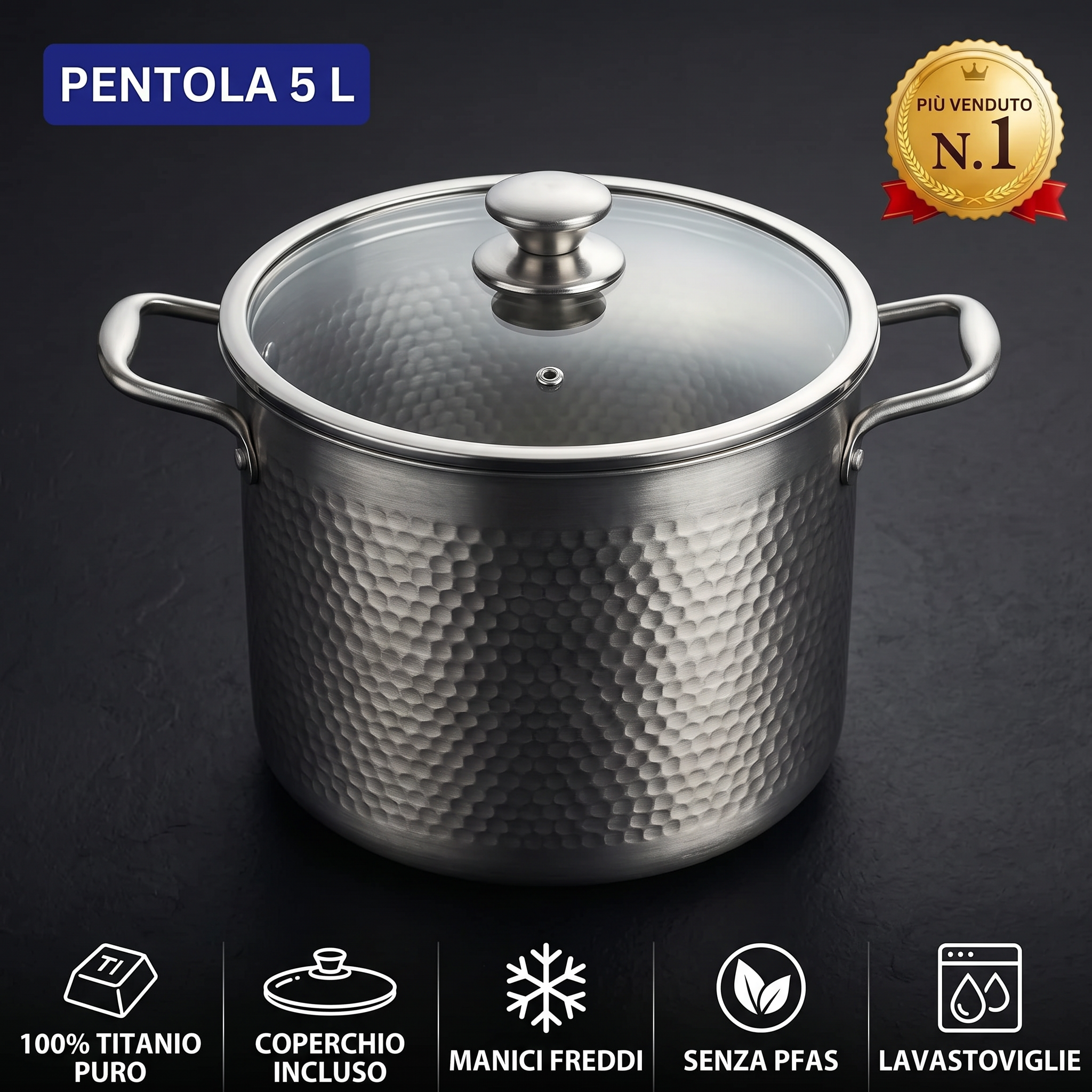 Pentola in titanio 24 cm da 5 litri con coperchio in vetro e manici freddi
