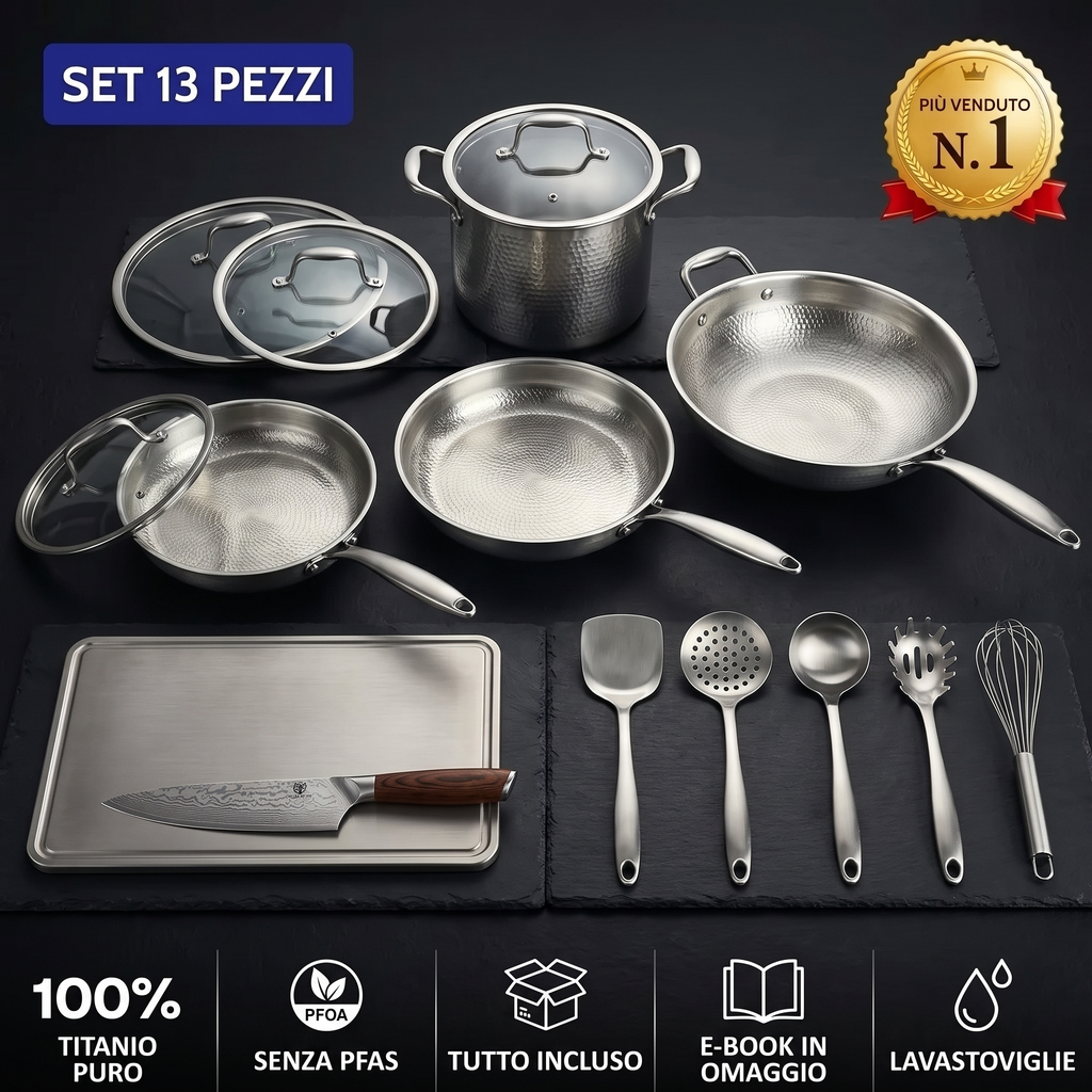 Cucina completa in titanio da 13 pezzi con pentole, tagliere, coltello e utensili