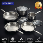 Batteria in titanio da 8 pezzi con padelle, wok, pentole e tre coperchi in vetro