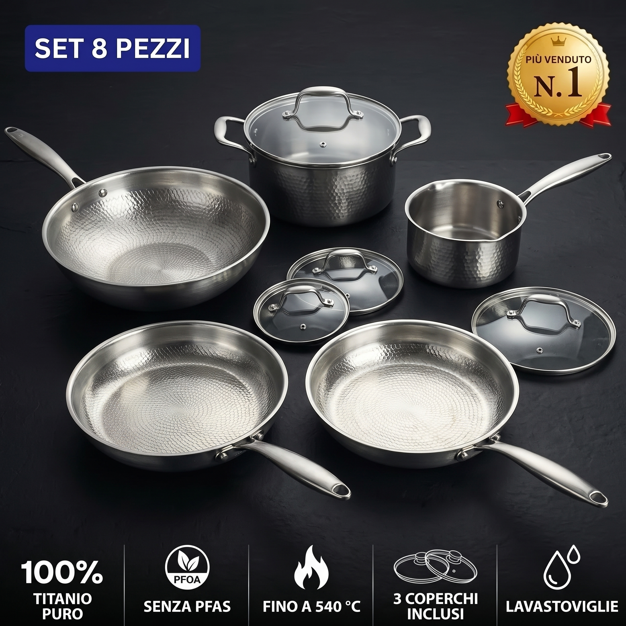 Batteria in titanio da 8 pezzi con padelle, wok, pentole e tre coperchi in vetro