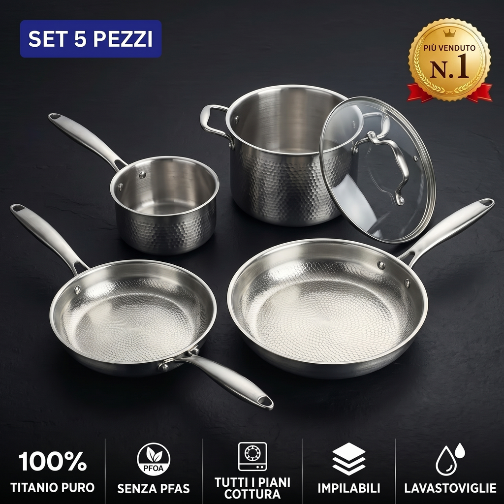 Set essenziale in titanio da 5 pezzi: padelle, casseruola, pentola e coperchio