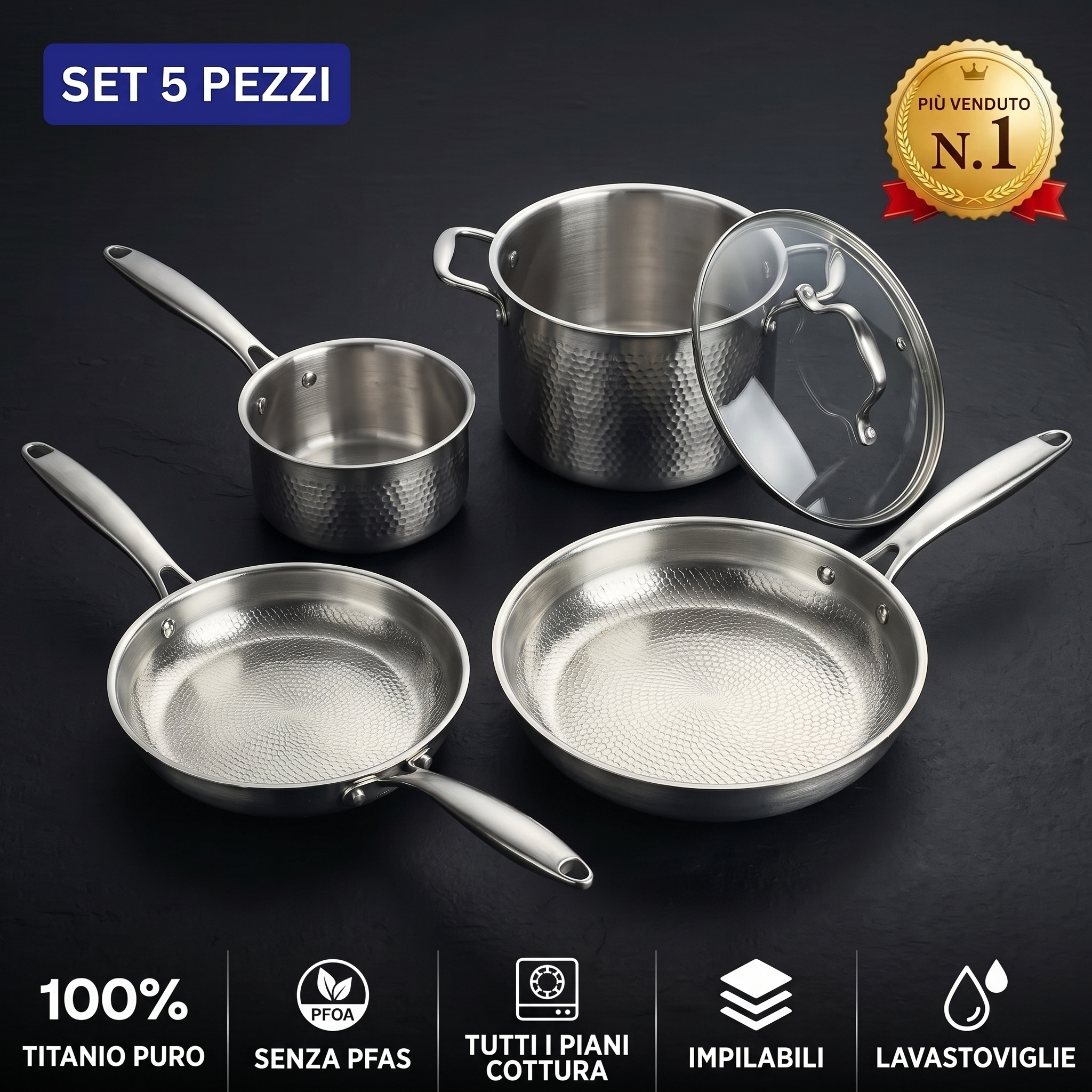 Set essenziale in titanio da 5 pezzi: padelle, casseruola, pentola e coperchio