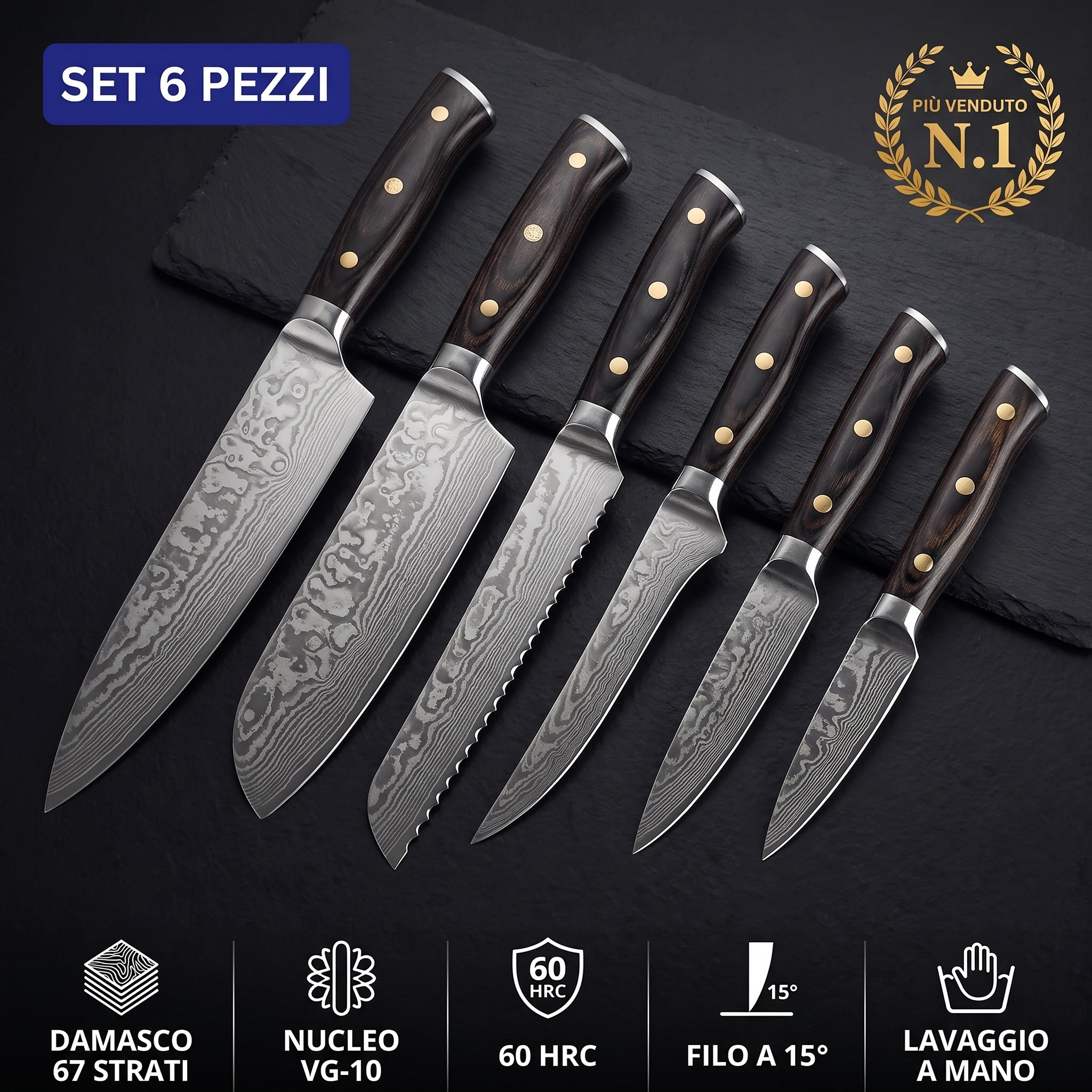 Set di 6 coltelli damascati a 67 strati con nucleo VG-10 e manici in legno